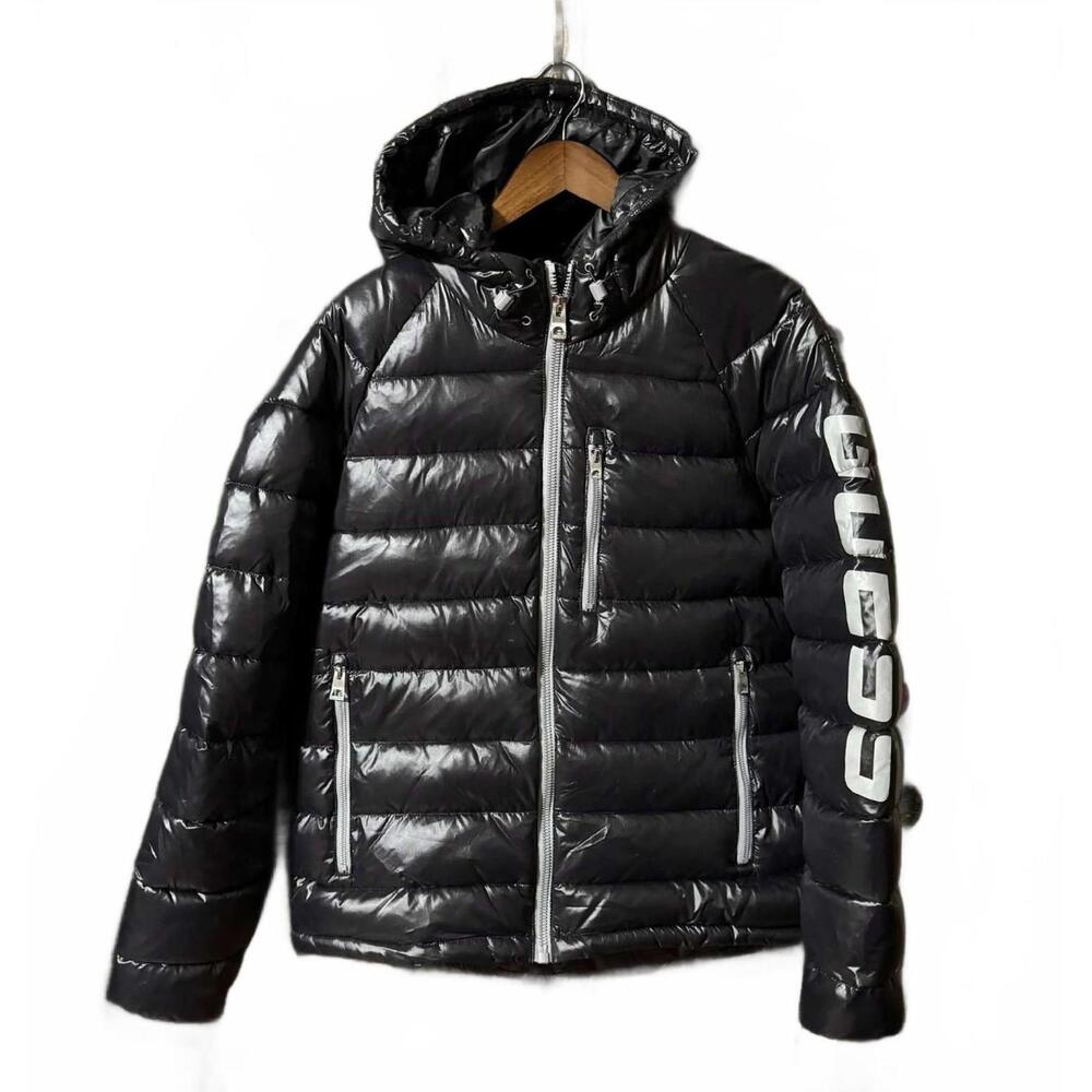 GUESS Men's Holographic Hooded Puffer Jacket Black GRAPHITE Shine glossy XL